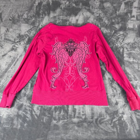 VTG y2k Women's Pink Studded Harley Davidson Angel Wings Hoodie Shirt Sz XL - Picture 1 of 12